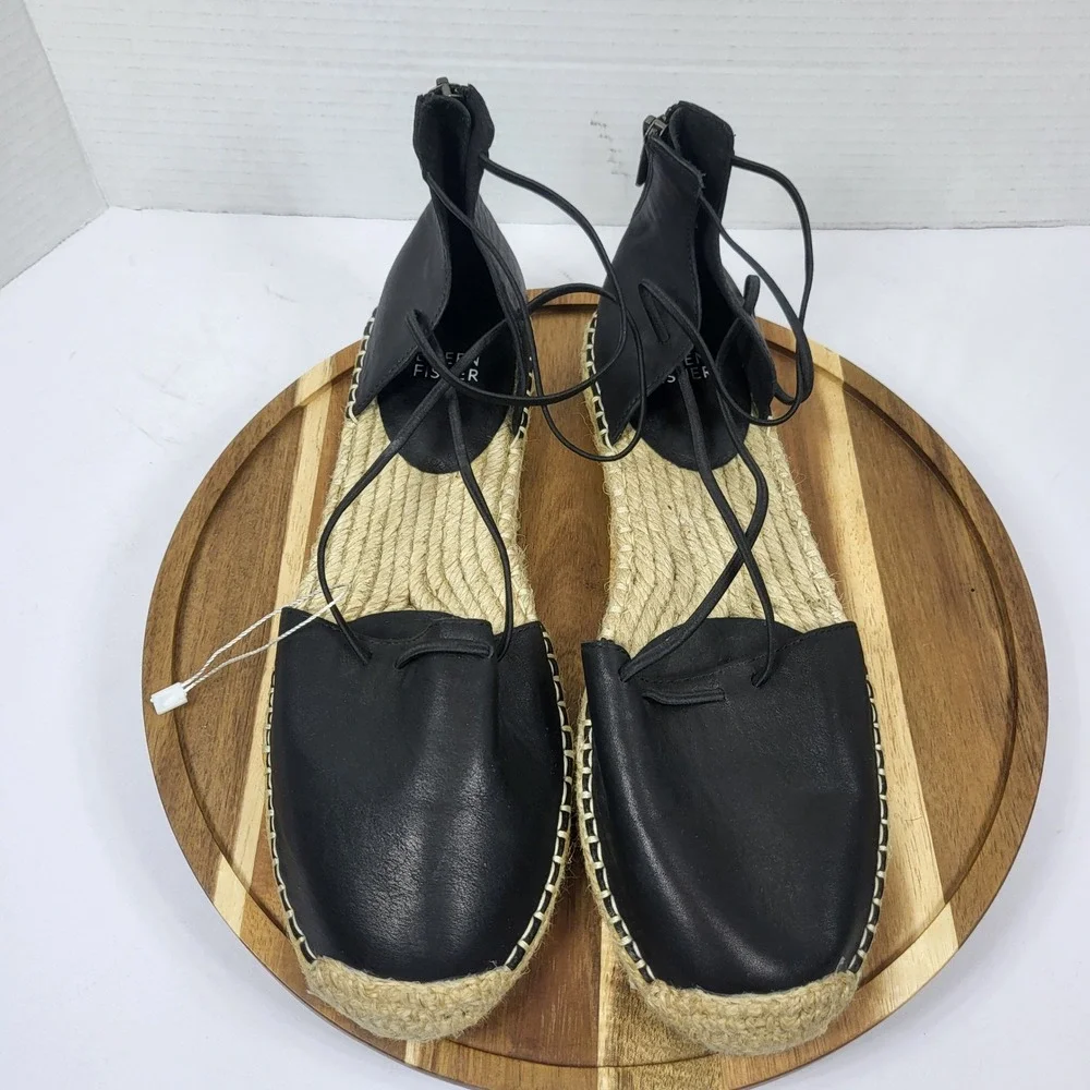 Eileen Fisher Black Leather Lace Up Zip Espadrille Sandals Womens 9 Flat Black